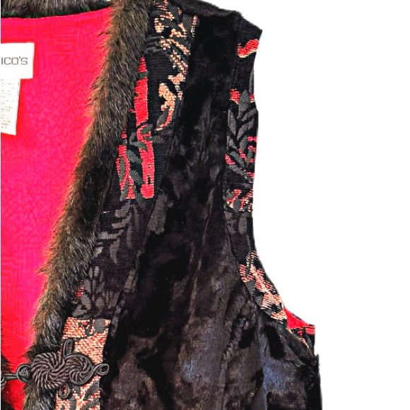 Chico's Faux Fur Vintage Jacquard Trim Mandarin IVest Size M Holiday Black & Red - Picture 3 of 14
